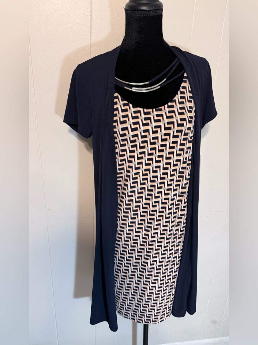 Enfocus Studio Navy & Cream Geometric Layered Tunic Dress